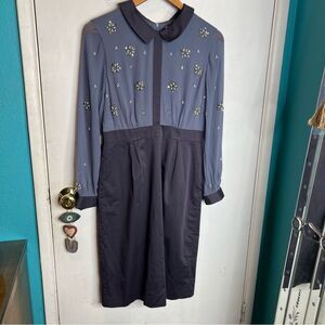 Boden embellished vintage-style dress in a slate blue and navy color scheme